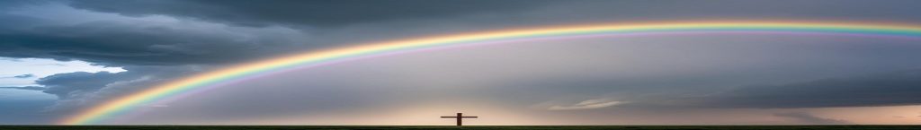 The cross under a rainbow and rain clouds.